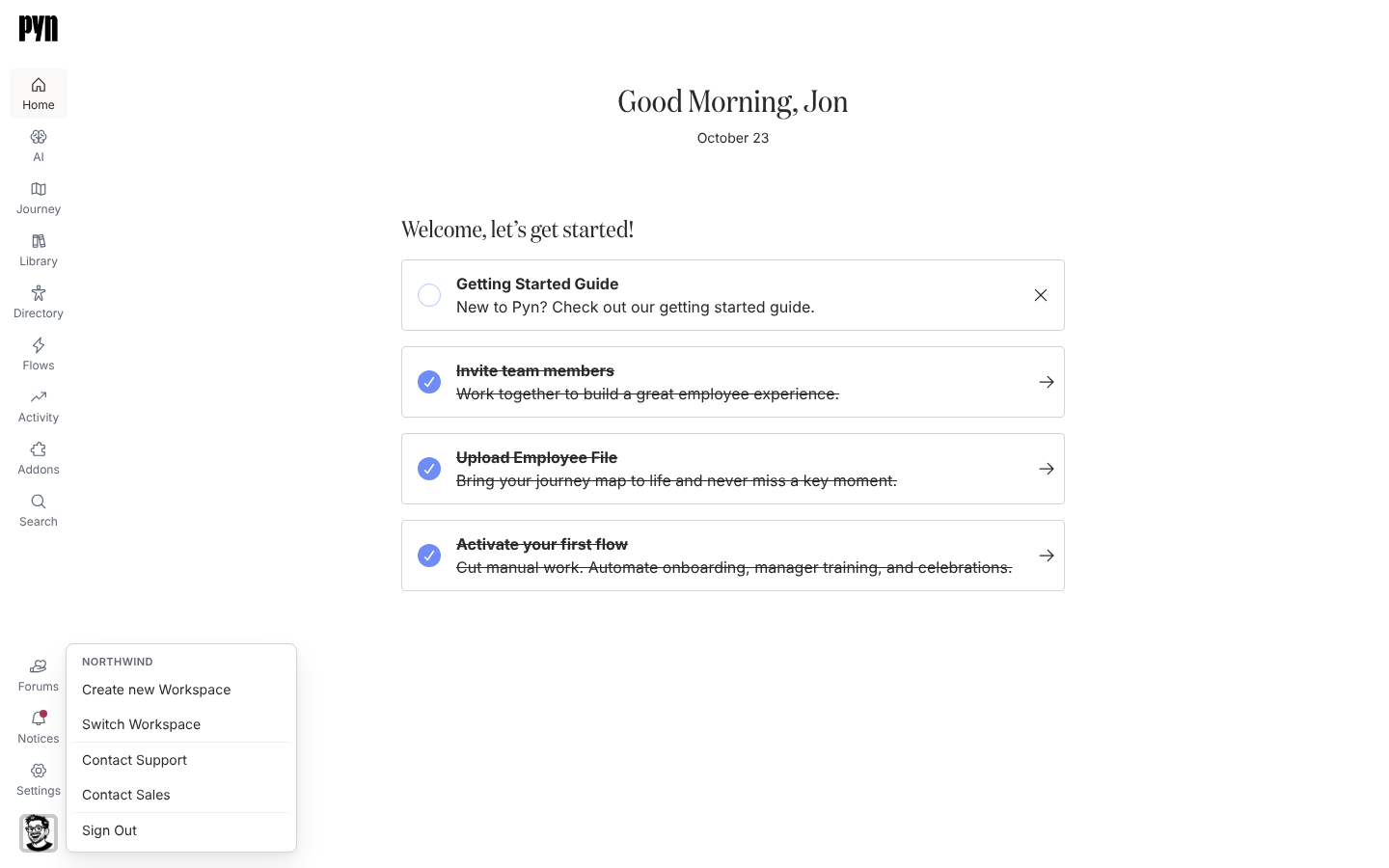 The profile menu open above the avatar in the bottom-left corner, headed Northwind, listing Create new Workspace, Switch Workspace, Contact Support, Contact Sales and Sign Out.