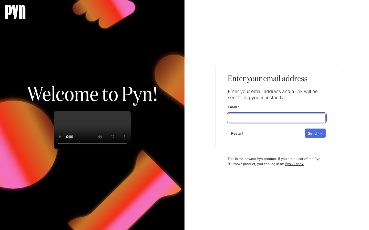 The magic link form headed Enter your email address, with an Email field and the Restart and Send buttons.