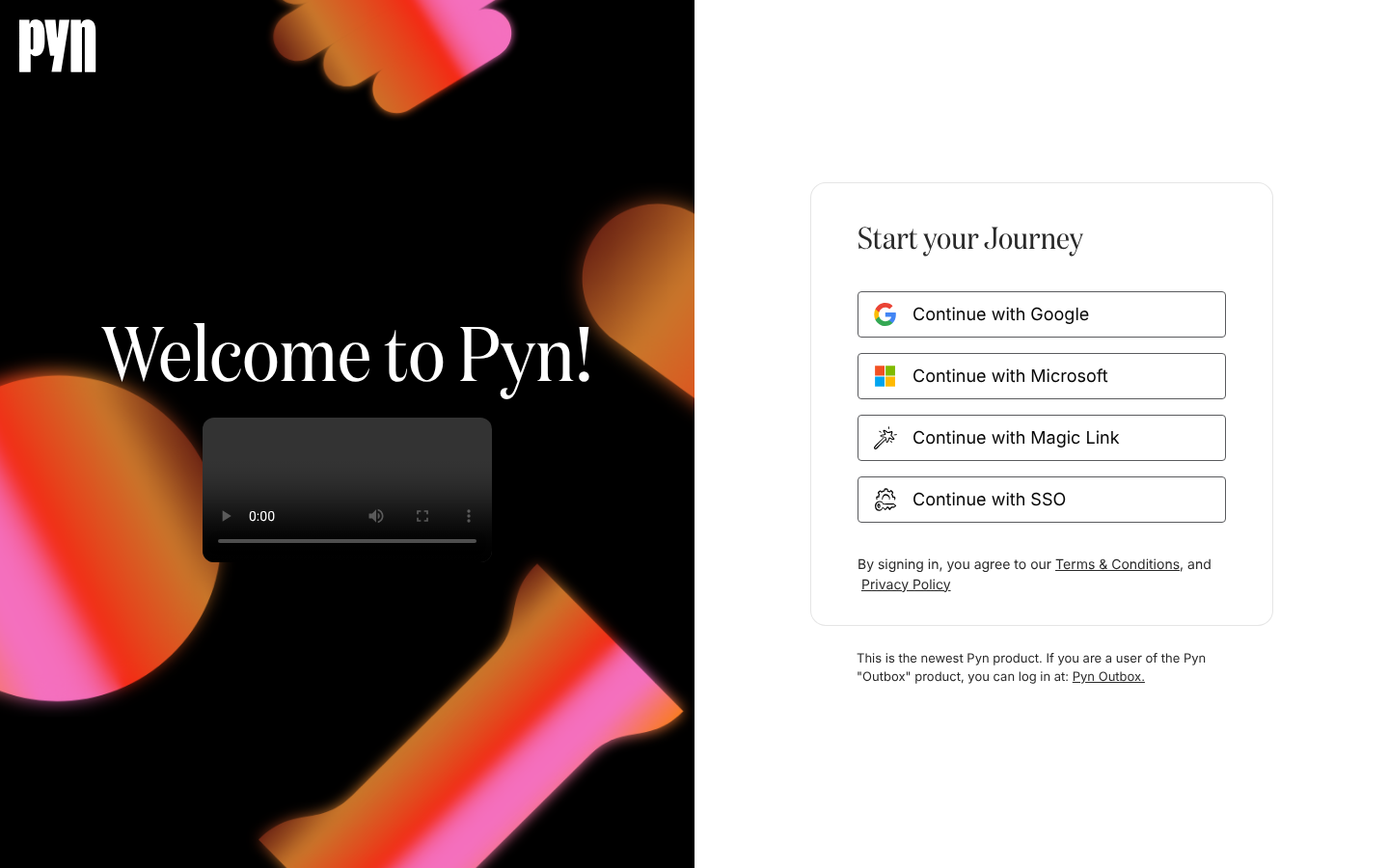 The Pyn sign-in page headed Start your Journey, with the buttons Continue with Google, Continue with Microsoft, Continue with Magic Link and Continue with SSO.