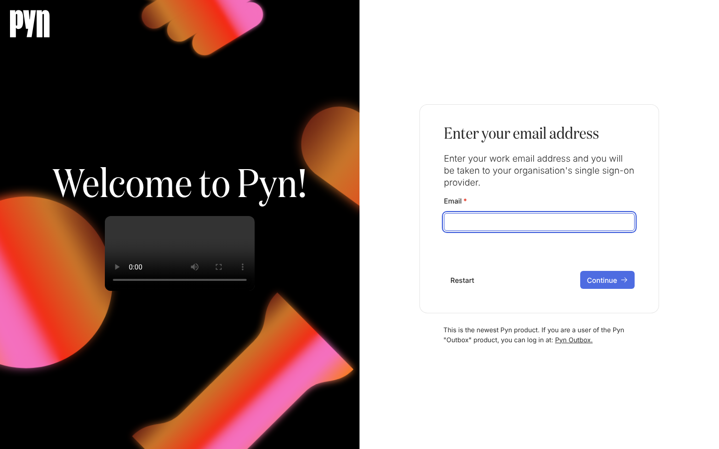 The SSO form headed Enter your email address, explaining that you will be taken to your organisation's single sign-on provider, with an Email field and a Continue button.