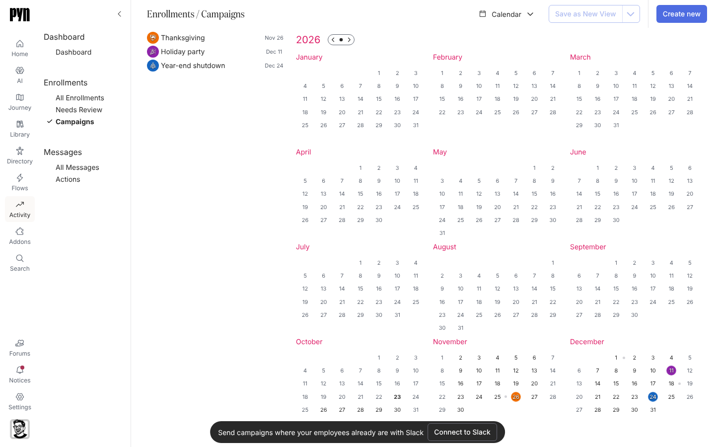 The Campaigns view in Activity showing the month calendar with the campaign sidebar.