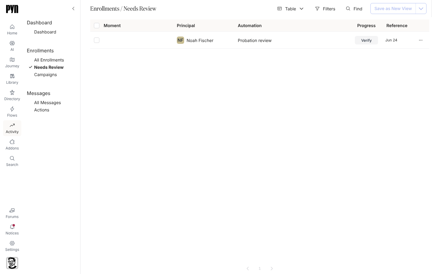The Needs Review view under Enrollments in Activity.