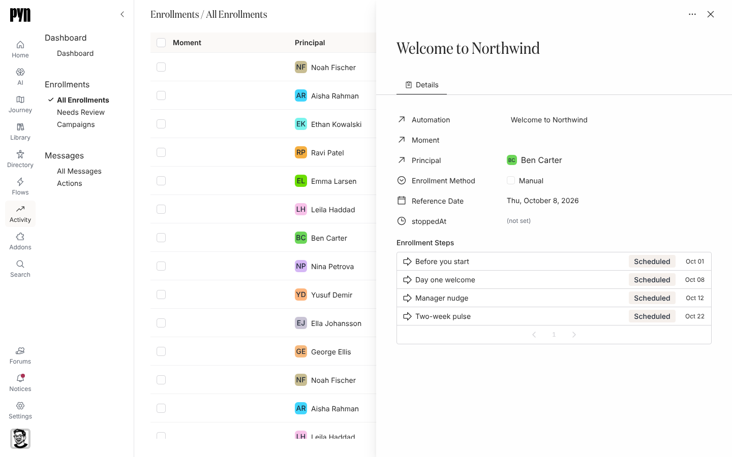 Ben Carter's enrollment in Welcome to Northwind open in the right-hand panel, with its Details and the Enrollment Steps list showing a status on each step.