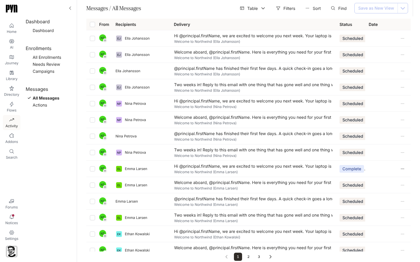The All Messages table with From, Recipients, Delivery, Status and Date columns, mixing Complete and Scheduled steps from the onboarding automation.