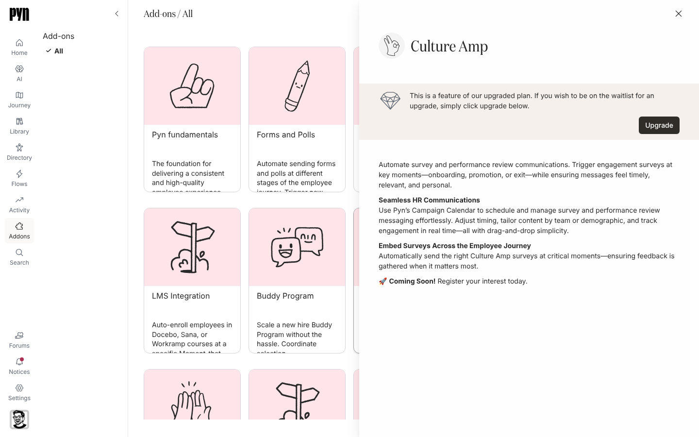 The Culture Amp add-on panel with the upgraded-plan banner and the Upgrade button.