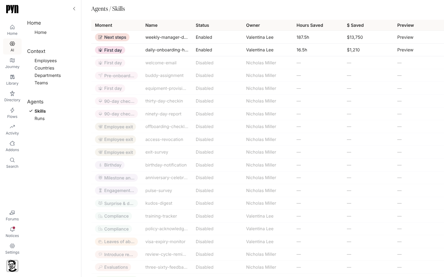 The Agents > Skills table with Moment, Name, Status, Owner, Hours Saved, $ Saved and Preview columns.