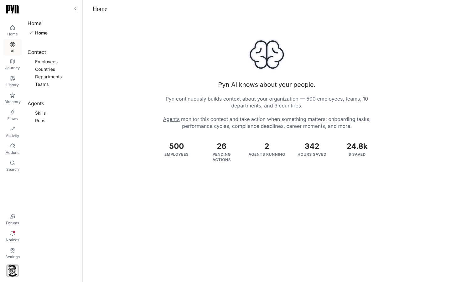 The Pyn AI home page with the brain icon, the tagline Pyn AI knows about your people and five statistics.