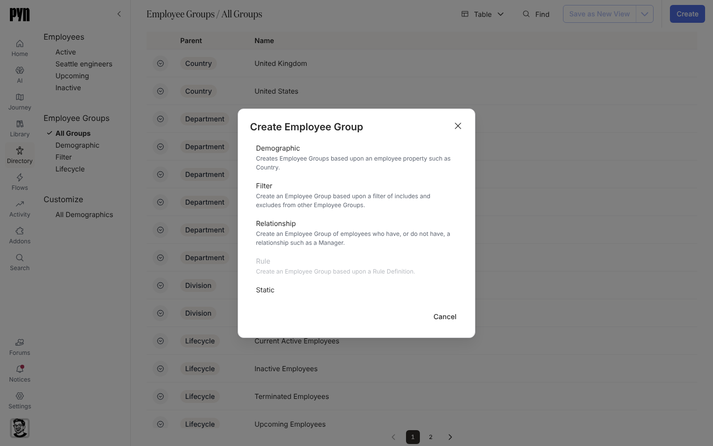 The Create Employee Group dialog listing Demographic, Filter and Relationship with a description under each, Rule greyed out, and Static.
