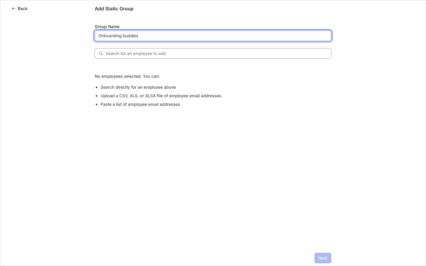 The Add Static Group page with the Group Name field, the employee search and the three options to search, upload a file or paste email addresses.