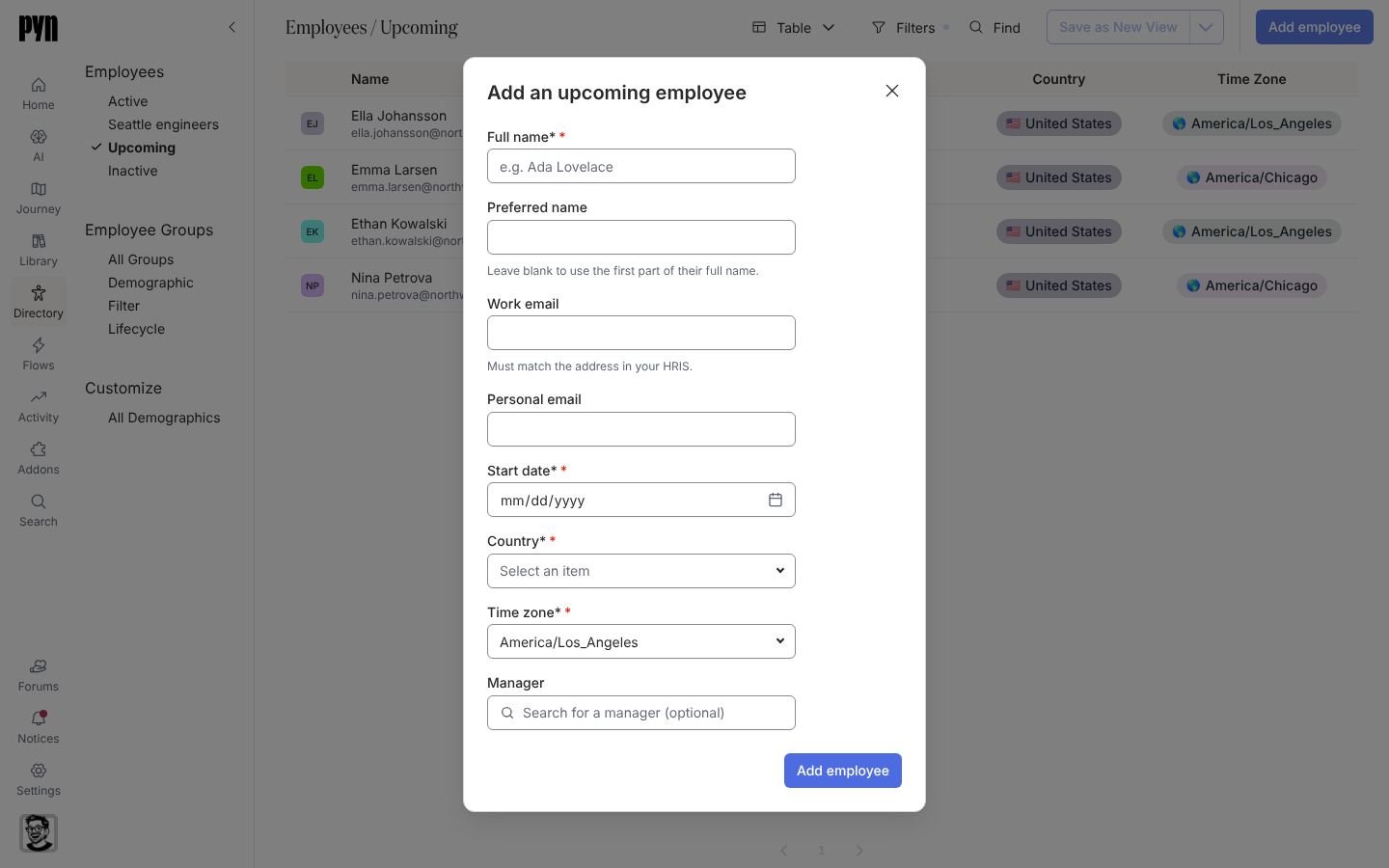 The Add an upcoming employee dialog over the Upcoming view, with Full name, Preferred name, Work email, Personal email, Start date, Country, Time zone and Manager fields.