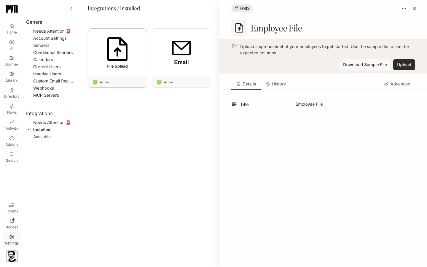The Employee File integration panel open on the right of Settings > Integrations > Installed, showing the upload banner with Download Sample File and Upload buttons and the Details, History and Advanced tabs.