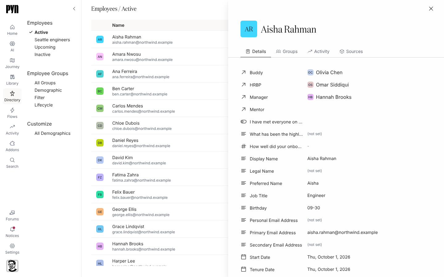 Aisha Rahman's profile panel open next to the Employees table, showing her buddy, manager, HRBP and personal details.