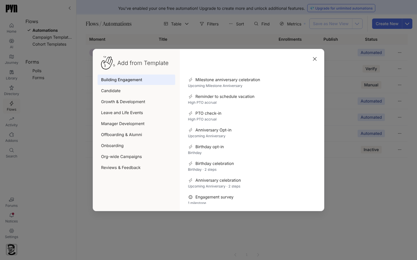 The Add from Template dialog listing automation and campaign templates grouped by journey category.