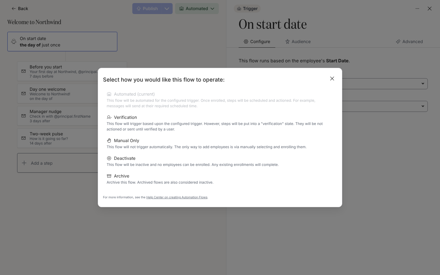 The Change Mode dialog listing Automated, Verification, Manual Only, Deactivate and Archive with a description of each.