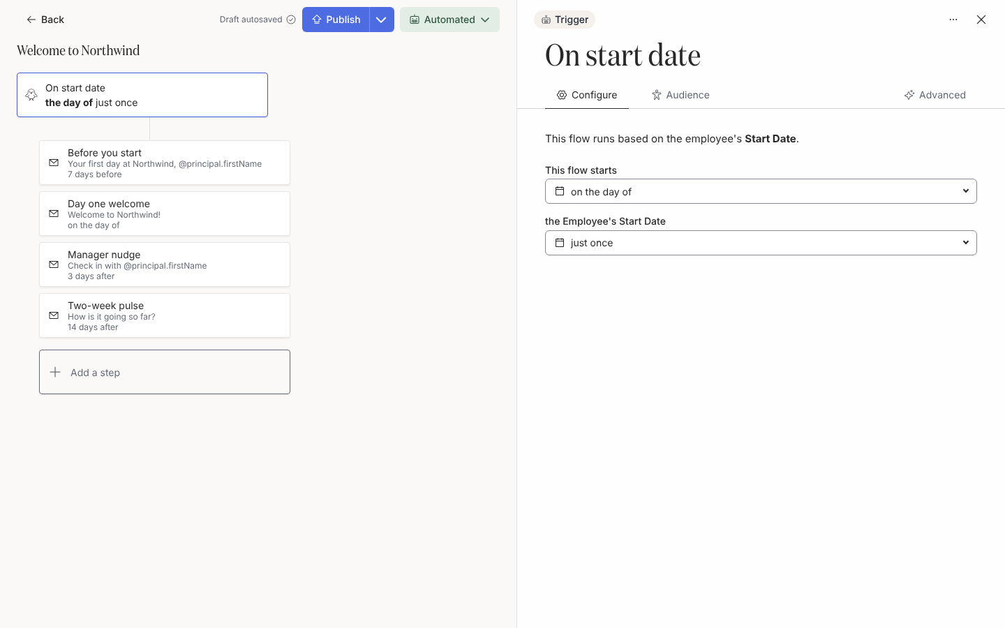 The Welcome to Northwind automation with its steps listed on the left and the On start date trigger panel open on the right.