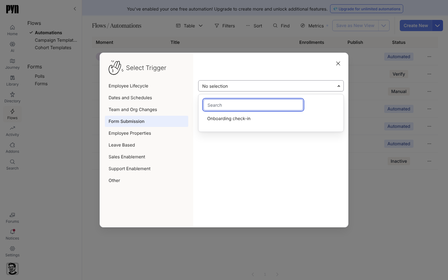 The Form Submission category of Select Trigger with the form list open, showing the Onboarding check-in form.