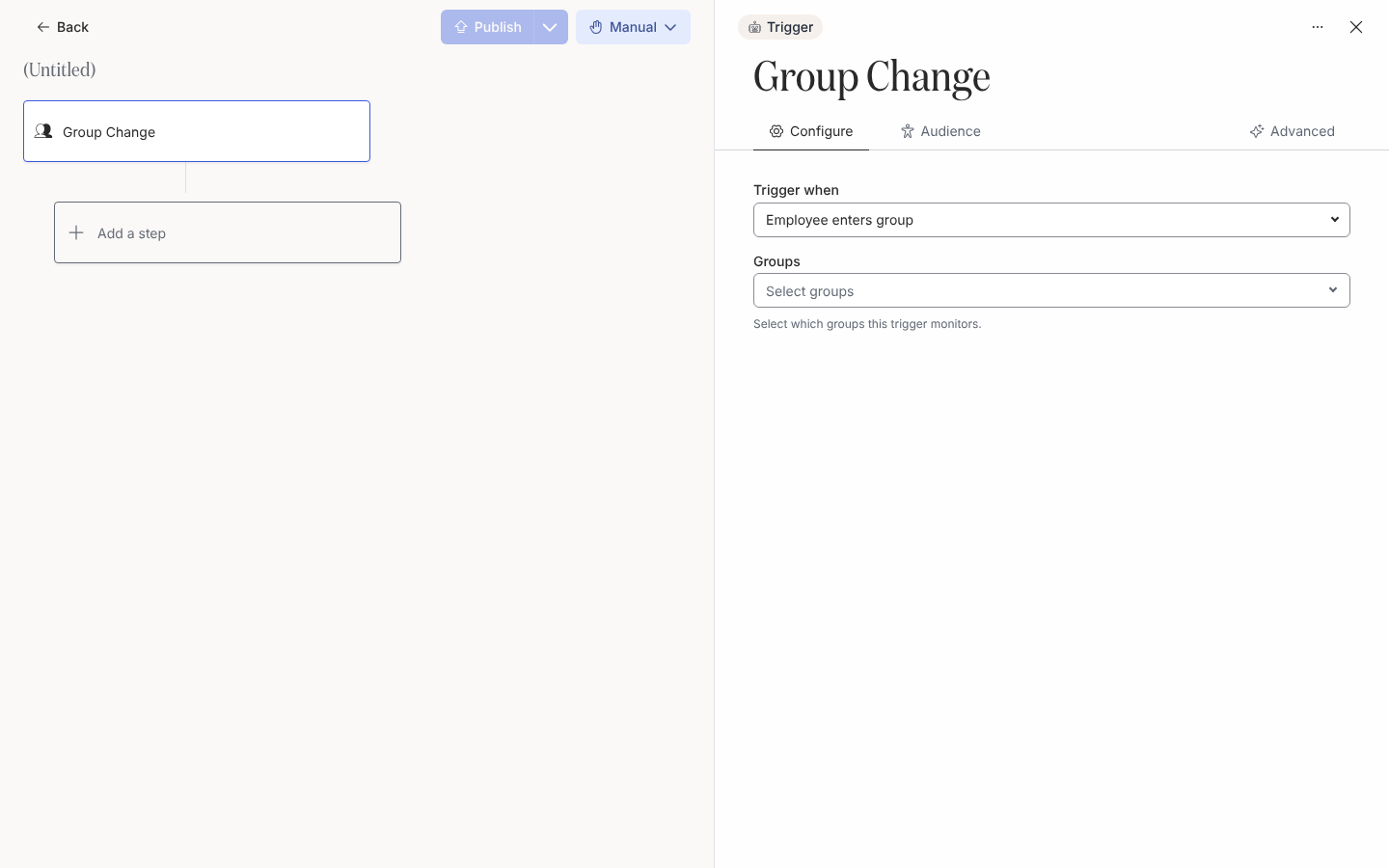 The Configure tab of a Group Change trigger with the Trigger when select and the Groups picker.