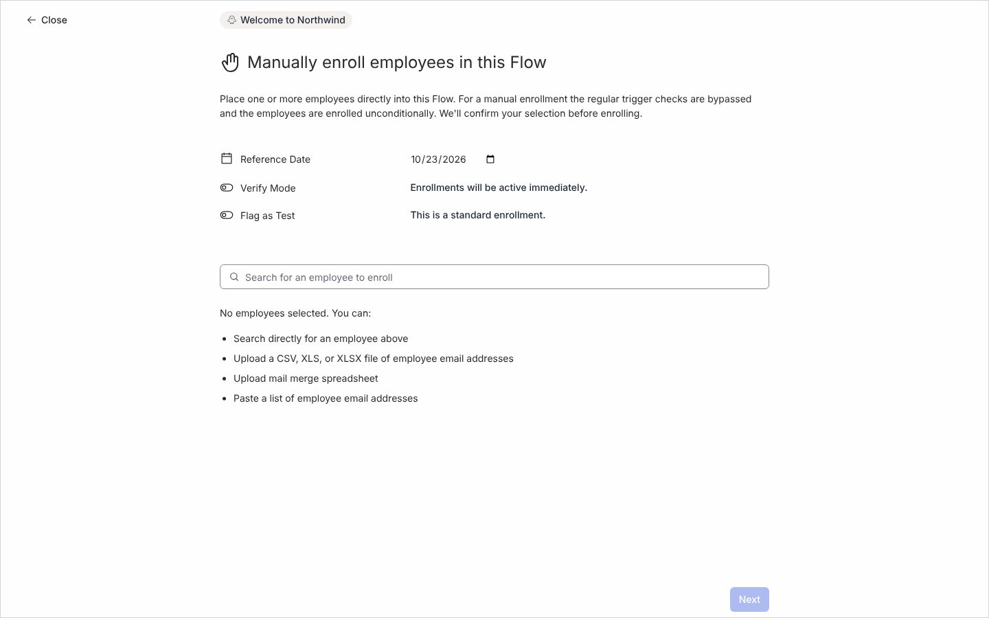 The Manually enroll employees in this Flow dialog with Upload mail merge spreadsheet listed under No employees selected.