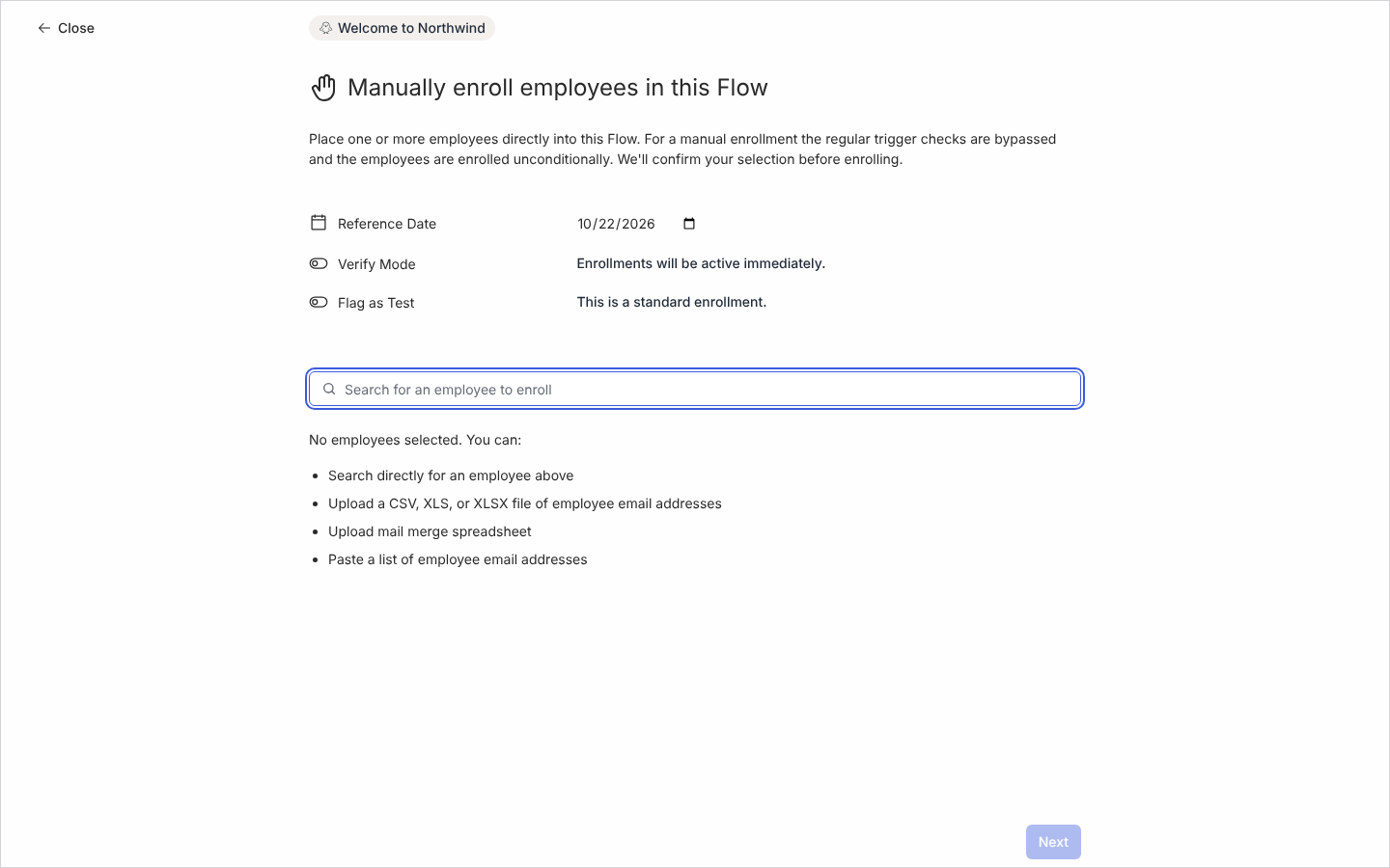 The Manually enroll employees in this Flow dialog with the employee search, the upload and paste options, and the Reference Date, Verify Mode and Flag as Test fields.
