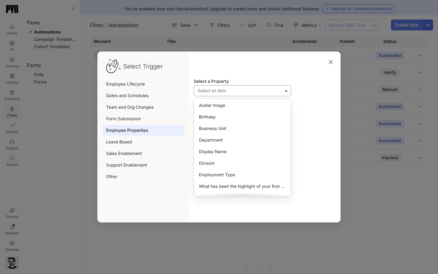 The Employee Properties category of Select Trigger with the Select a Property list open.
