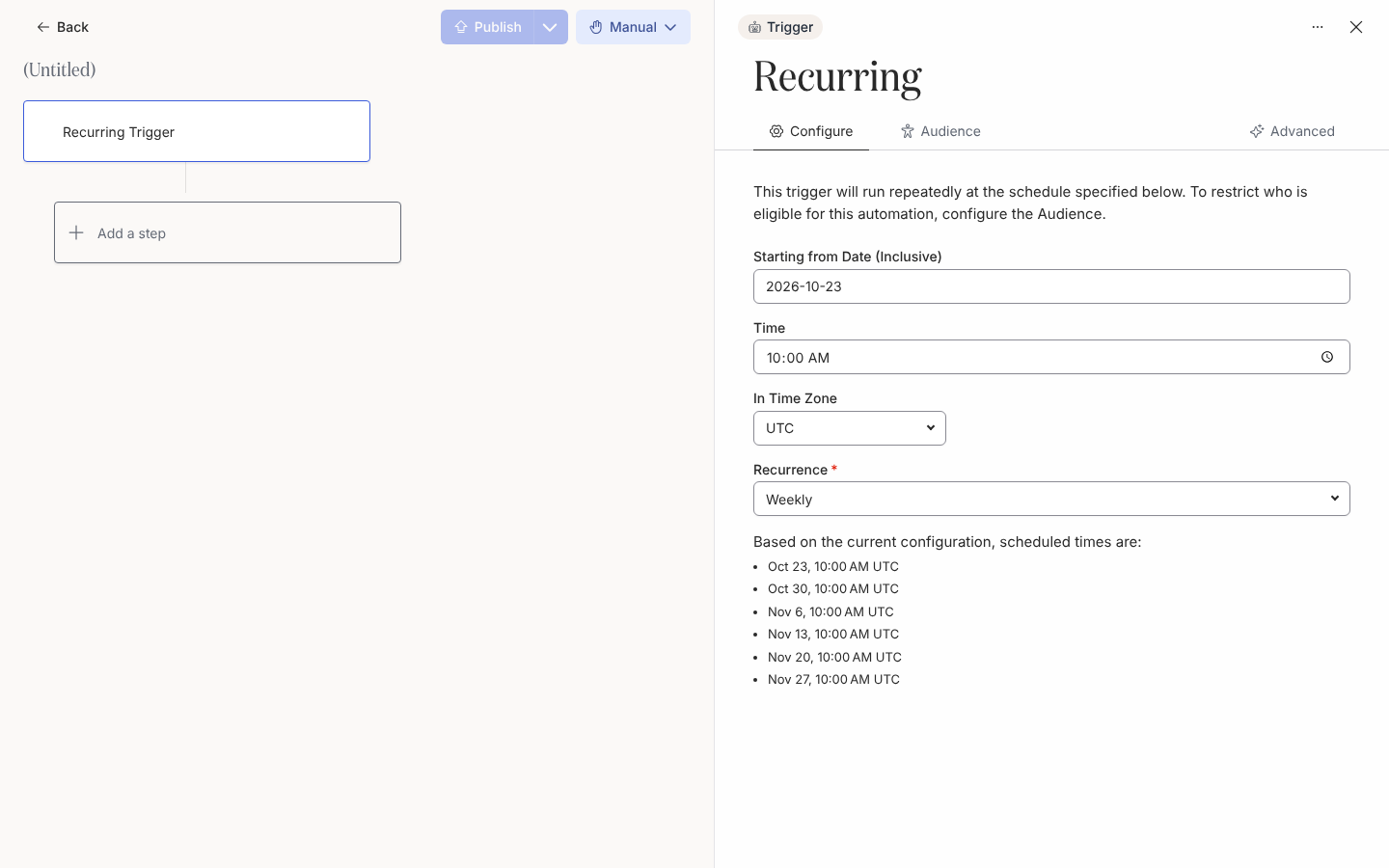The Configure tab of a recurring trigger with Starting from Date, Time, In Time Zone and Recurrence fields and the list of upcoming run times.