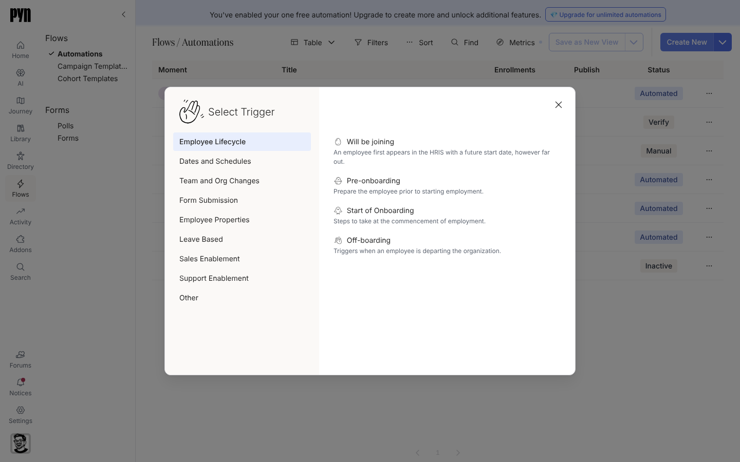 The Select Trigger dialog with Employee Lifecycle selected, listing Will be joining, Pre-onboarding, Start of Onboarding and Off-boarding.
