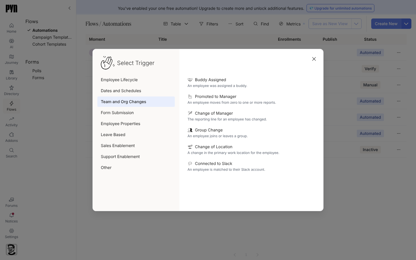 The Team and Org Changes category of Select Trigger listing Buddy Assigned, Promoted to Manager, Change of Manager, Group Change, Change of Location and Connected to Slack.