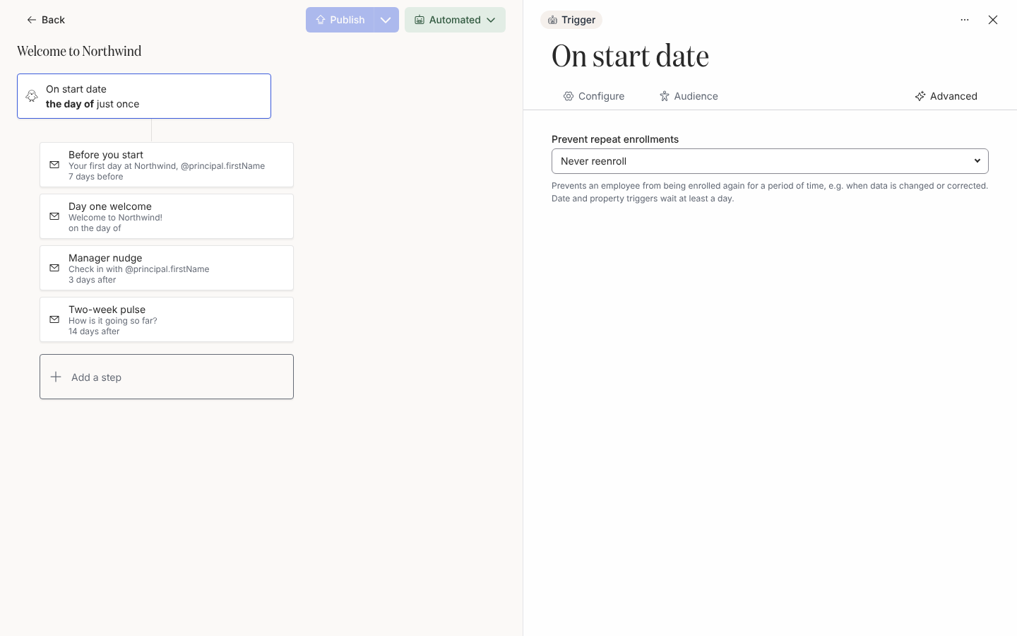 The trigger drawer's Advanced tab showing the Prevent repeat enrollments setting and its description.
