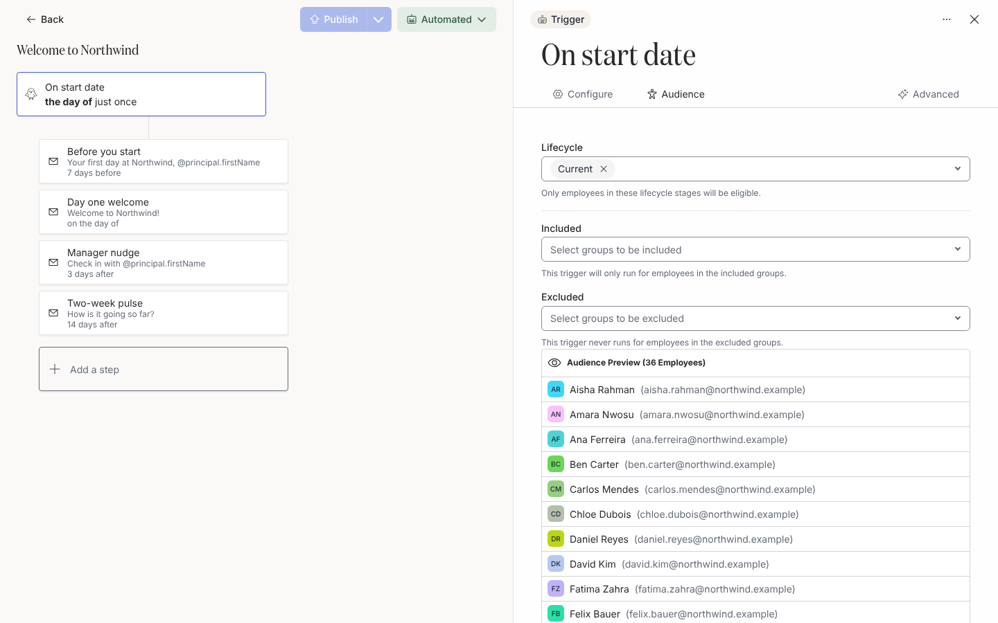 The trigger drawer's Audience tab with Lifecycle, Included and Excluded fields and the Audience Preview list below.