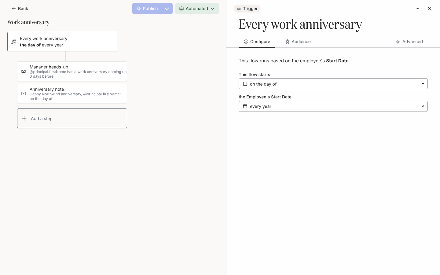The trigger drawer's Configure tab for the Work anniversary automation, with This flow starts set to on the day of and the recurrence set to every year.