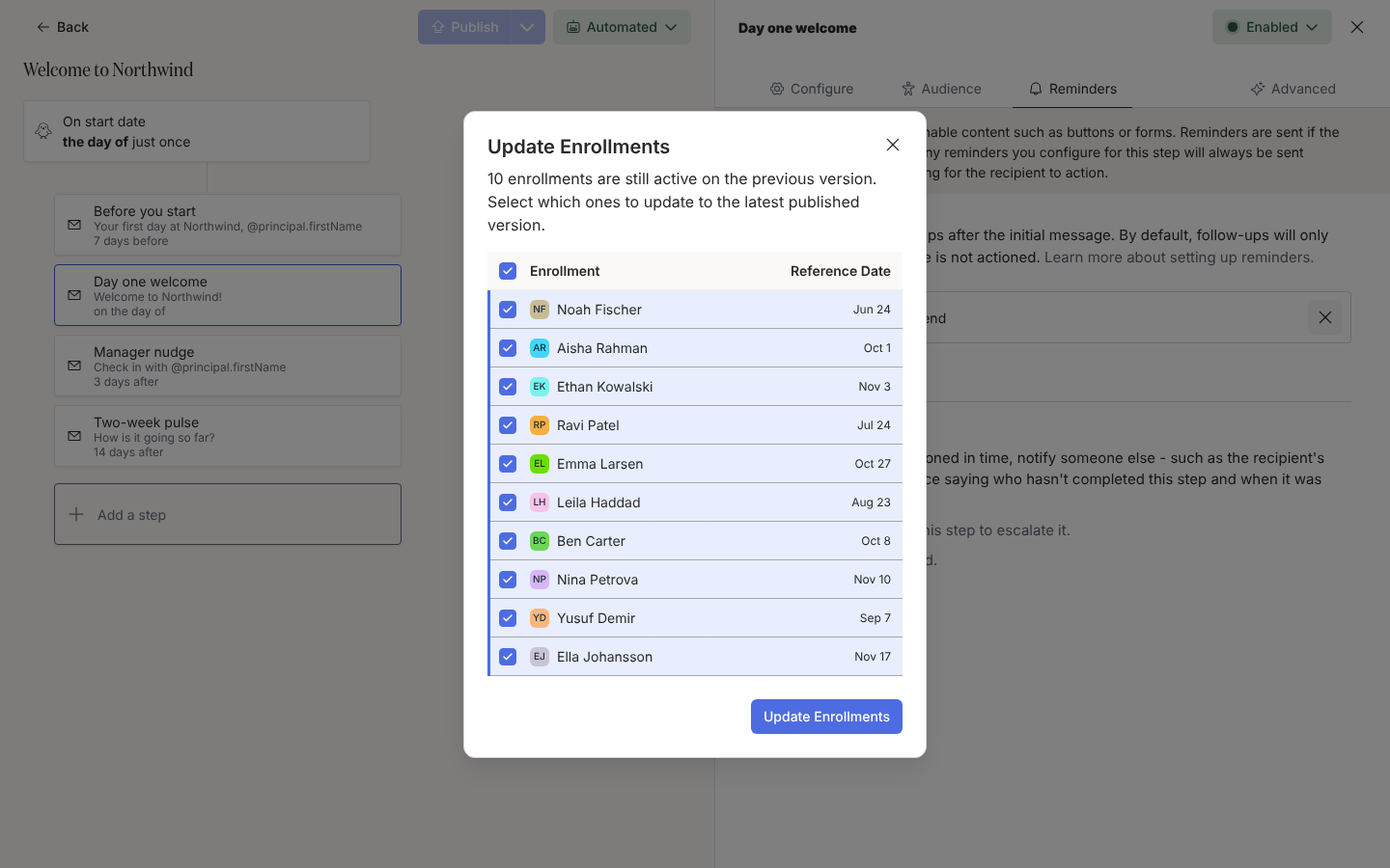 The Update Enrollments dialog listing ten enrollments, all ticked, with their reference dates and the Update Enrollments button.