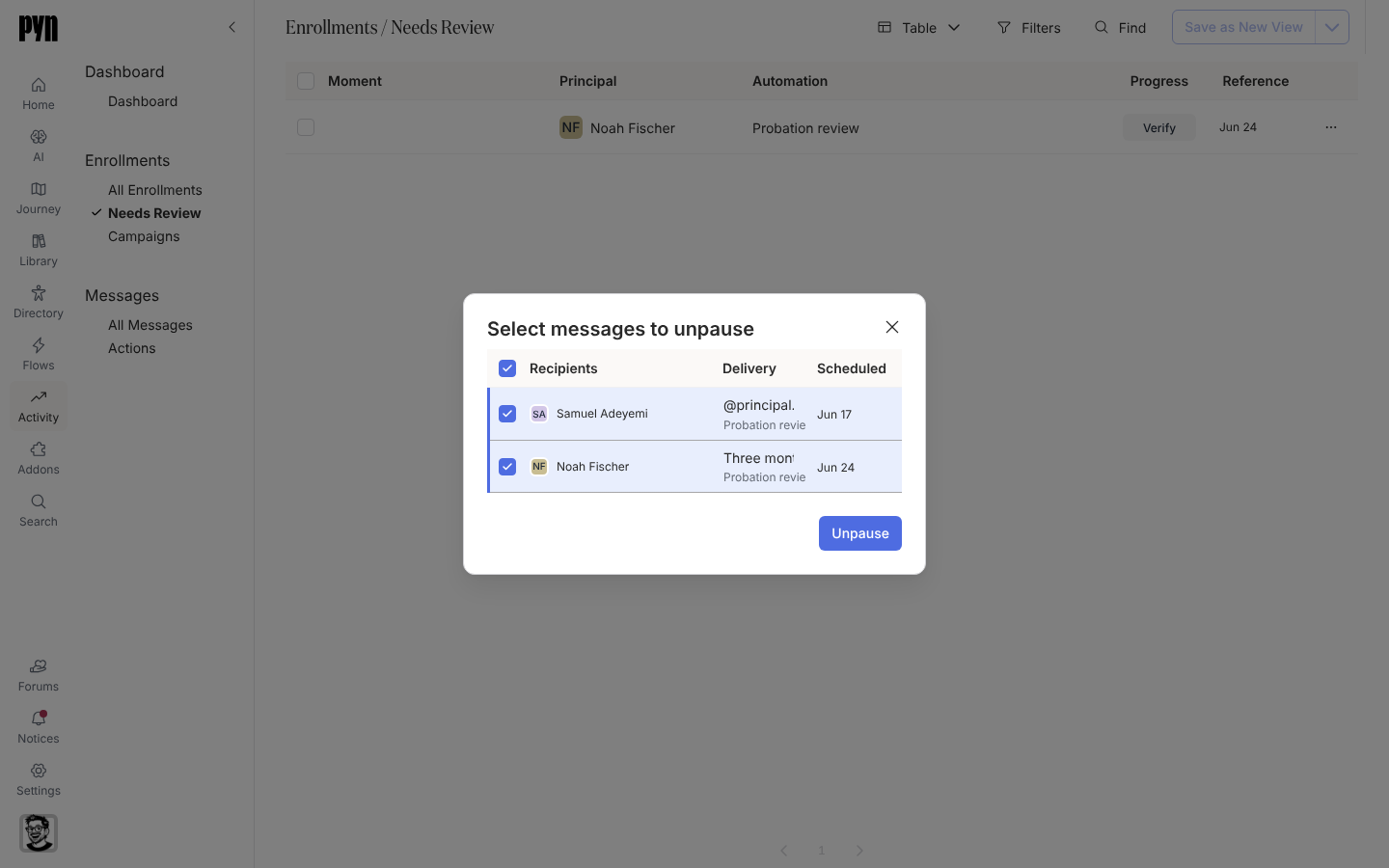 The Select messages to unpause dialog, opened from Verify on Noah Fischer's Probation review enrollment in Needs Review, with every message ticked.