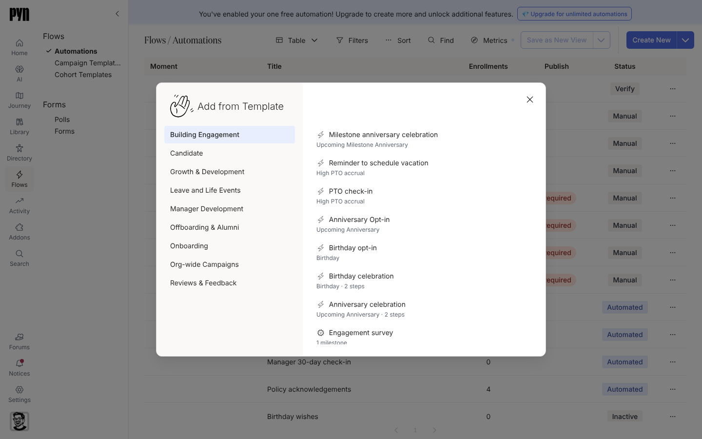 The Add from Template dialog with journey categories on the left and template rows on the right, each showing its trigger or its milestone count.