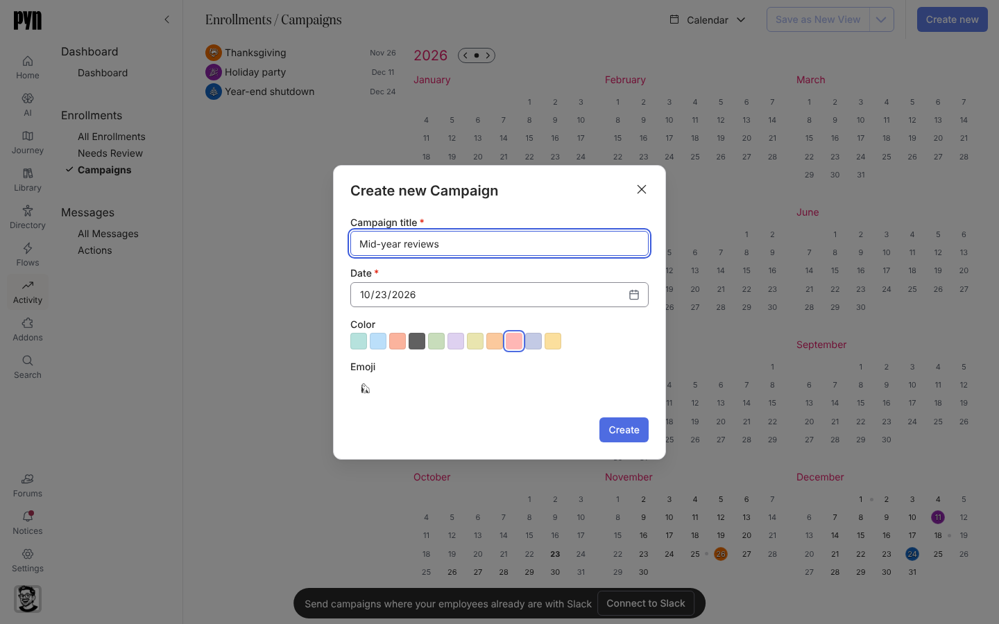 The Create new Campaign dialog with Campaign title filled in as Mid-year reviews, a Date, Color swatches and an Emoji.