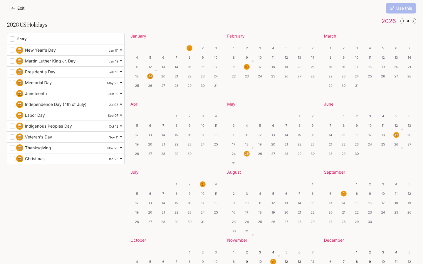 The 2026 US Holidays campaign template: a list of milestones with checkboxes on the left and a year calendar with each holiday coloured on the right, and Use this in the header.