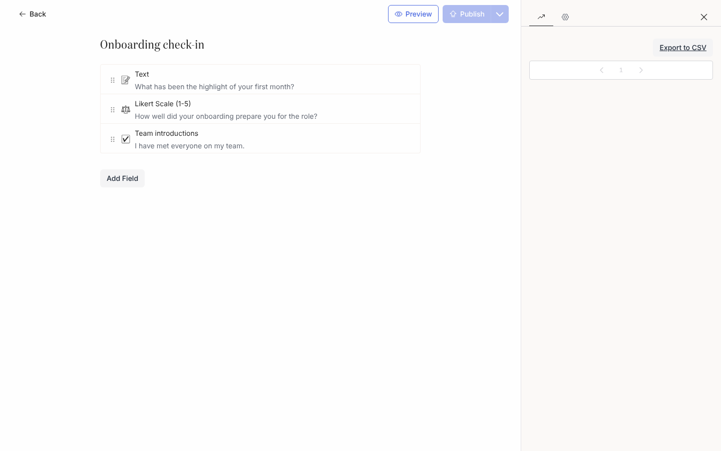 The Activity drawer open on a form, with Export to CSV above the list of submissions.