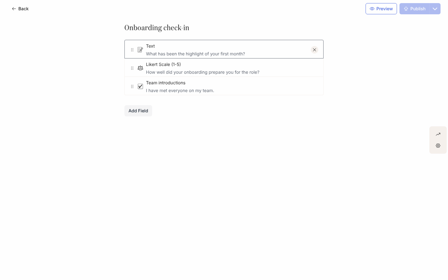 The Onboarding check-in form editor: the title, three fields in order, Add Field, with Preview and Publish in the header and the Activity and Settings rail on the right.