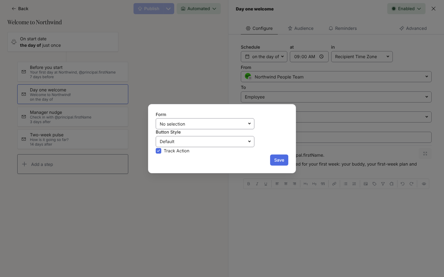 The Embed Form dialog from a message editor, with the Form list, Button Style and Track Action.