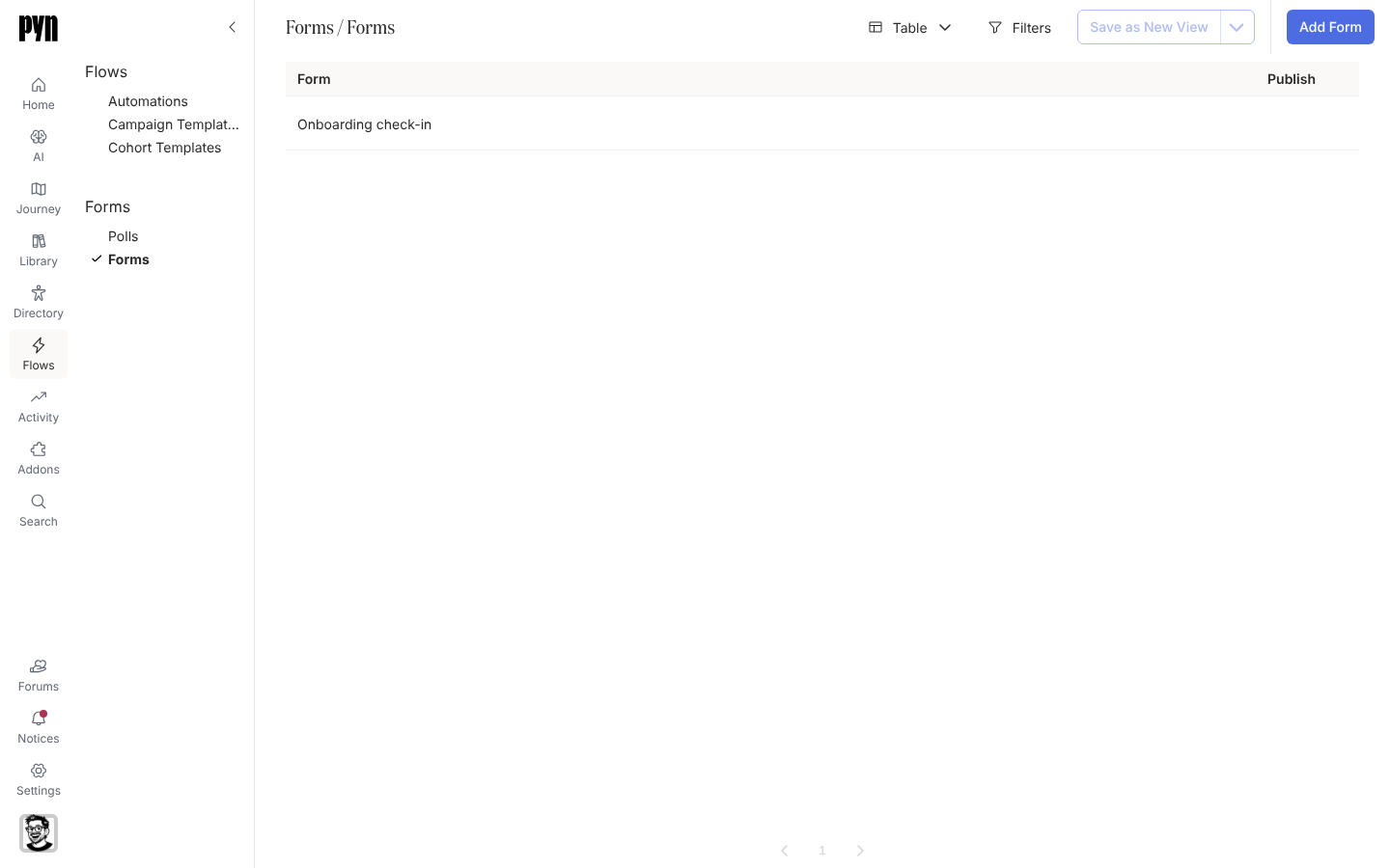 Forms, Forms: a table with the Onboarding check-in form and its Publish column, and Add Form in the top-right corner.