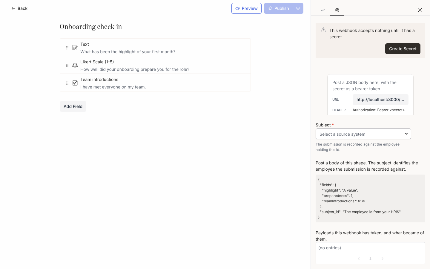 The Settings drawer on a form with a webhook: the secret callout with Create Secret, the URL and Authorization header, the Subject select, the example body and the empty log.