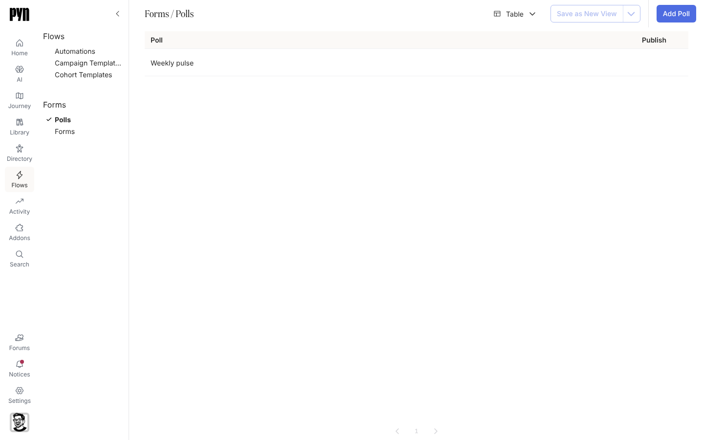 Forms, Polls: a table with the Weekly pulse poll and its Publish column, and Add Poll in the top-right corner.