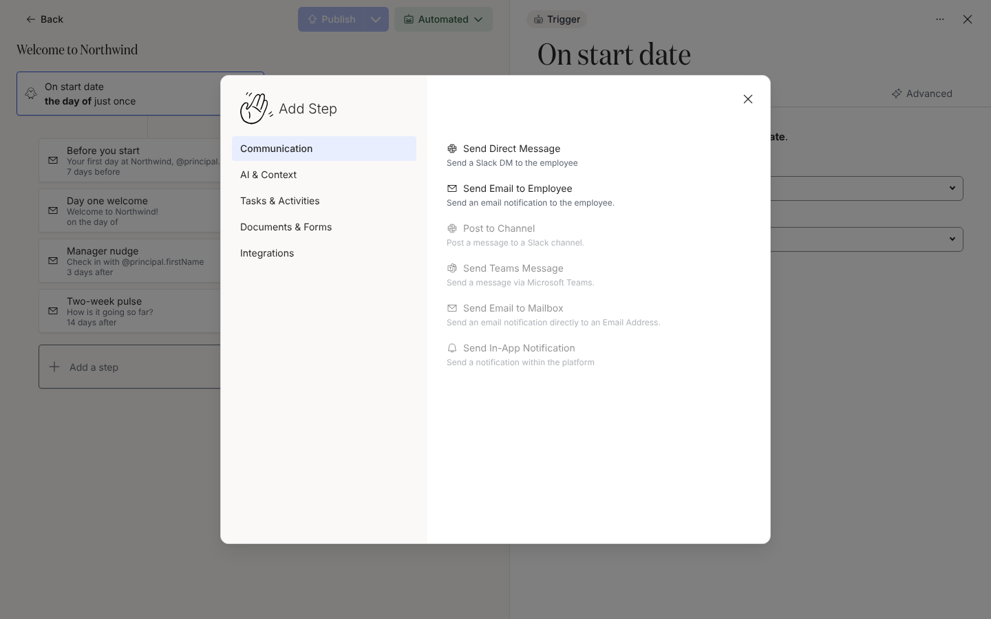 The Add Step dialog with categories on the left and the Communication rows: Send Direct Message, Send Email to Employee, Post to Channel, Send Teams Message, Send Email to Mailbox and Send In-App Notification.