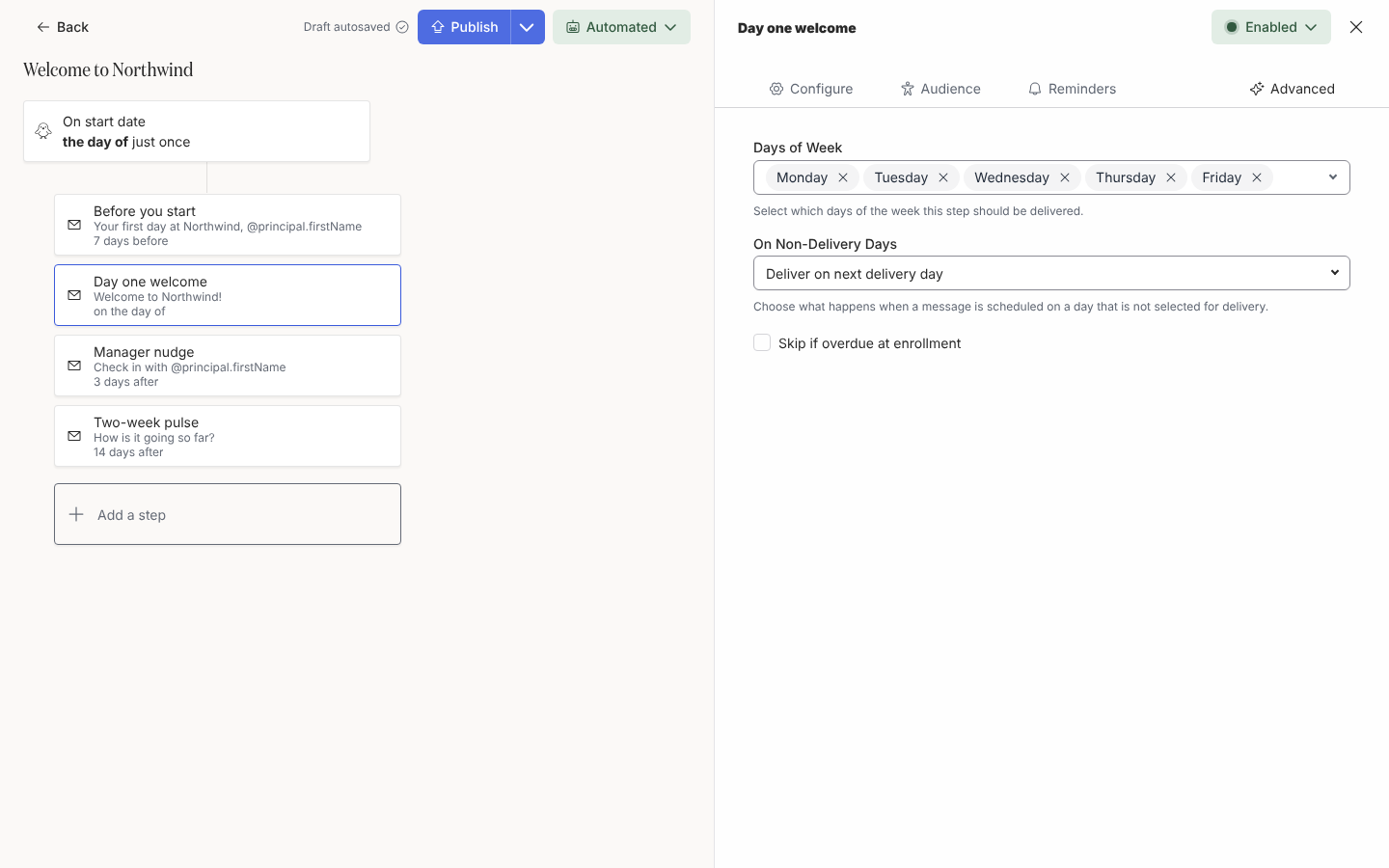 A step's Advanced tab: Days of Week, On Non-Delivery Days and Skip if overdue at enrollment.