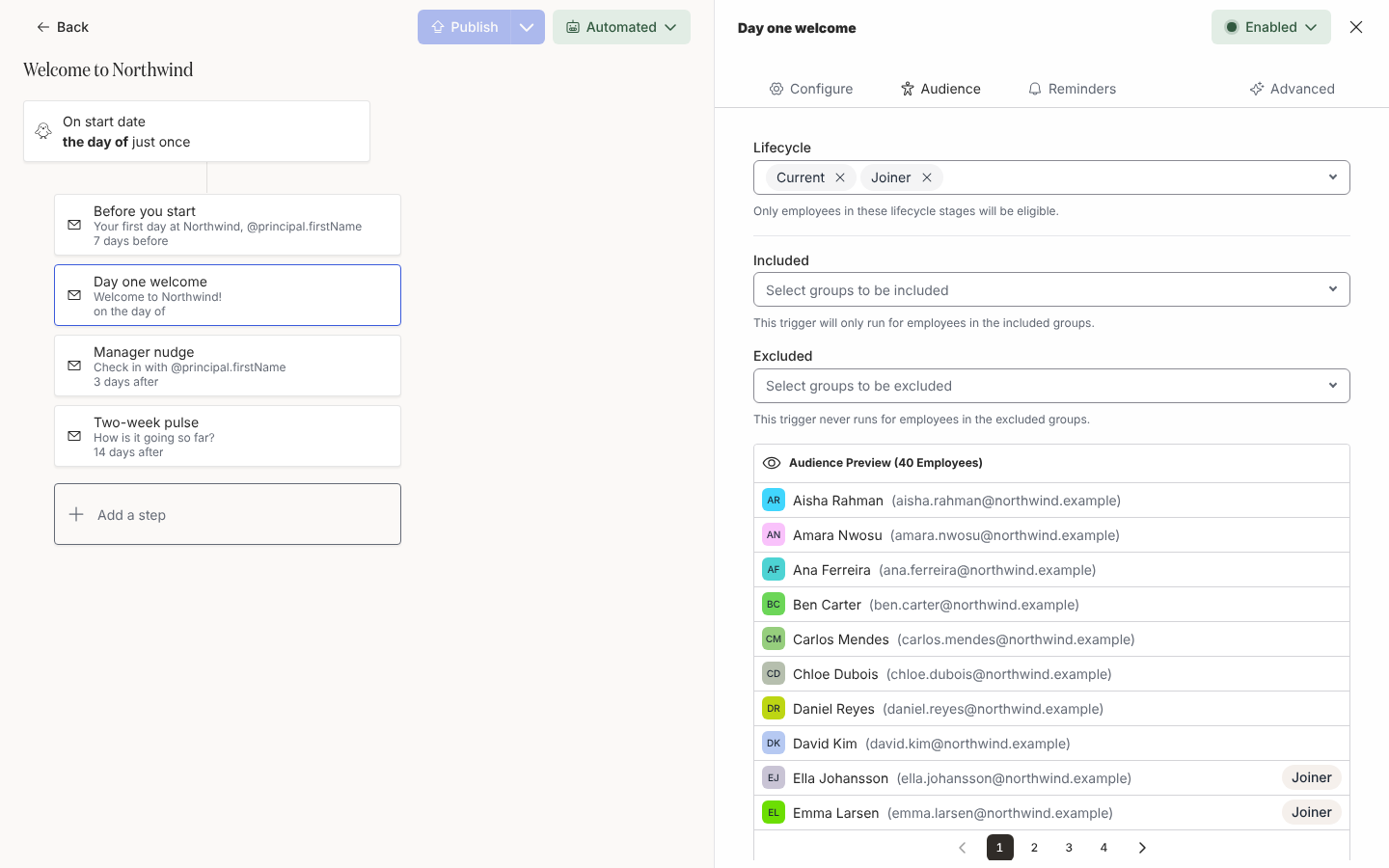 A step's Audience tab with the Lifecycle, Included and Excluded selects and the Audience Preview list beneath them.