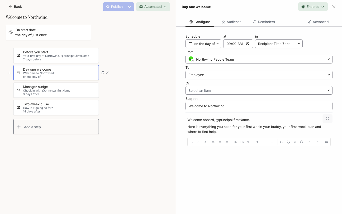 The Day one welcome email step open in the drawer on Configure: Schedule, at, in, From, To, Cc, Subject and the message editor.