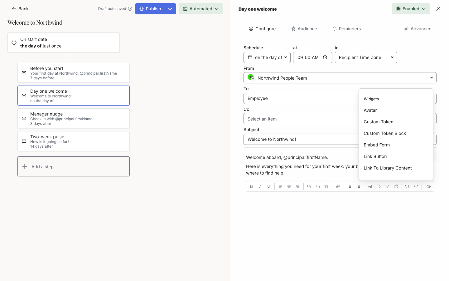 The message editor with the Widgets menu open: Avatar, Custom Token, Custom Token Block, Embed Form, Link Button and Link To Library Content.