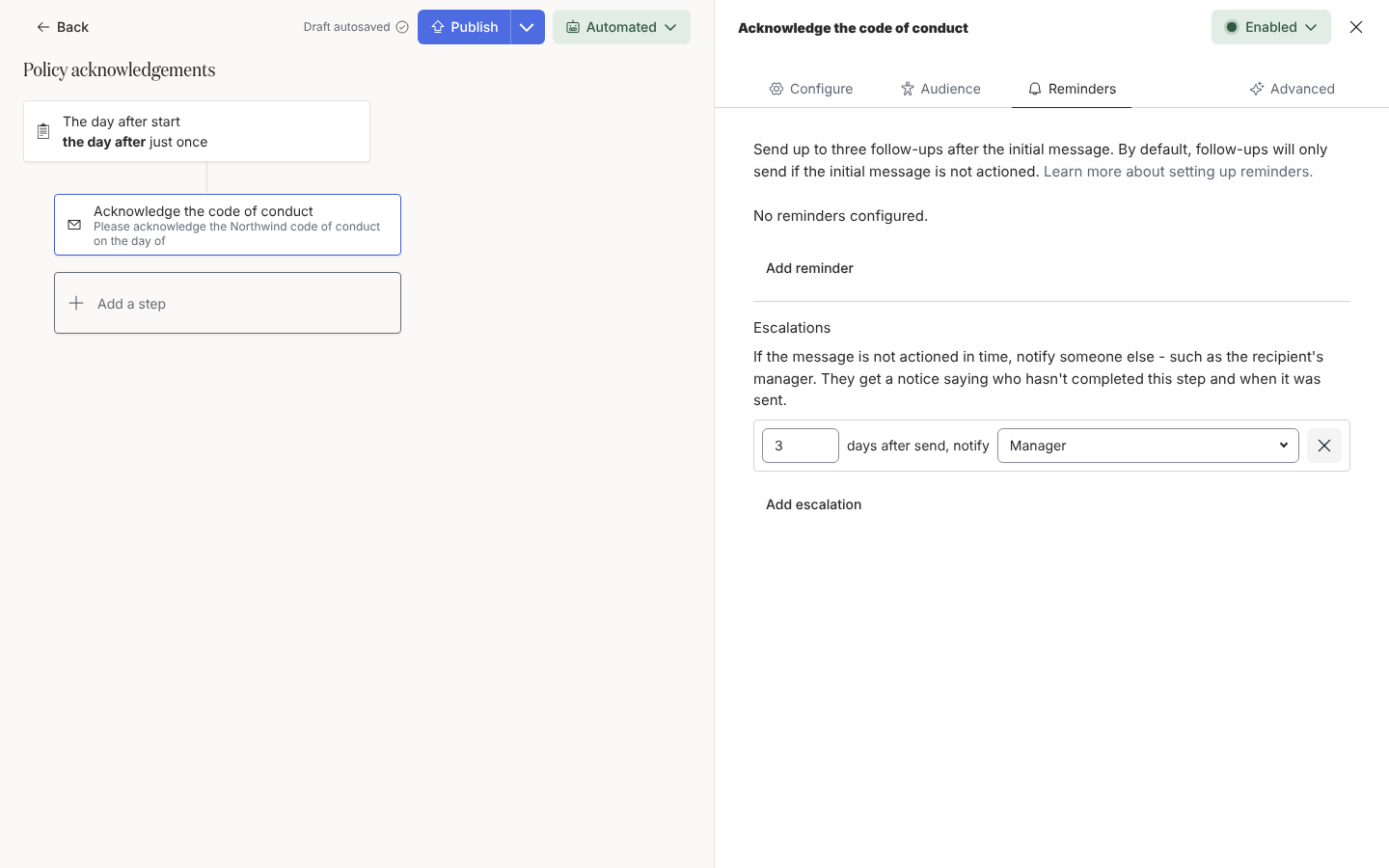 The Escalations section with one row reading 3 days after send, notify Manager.