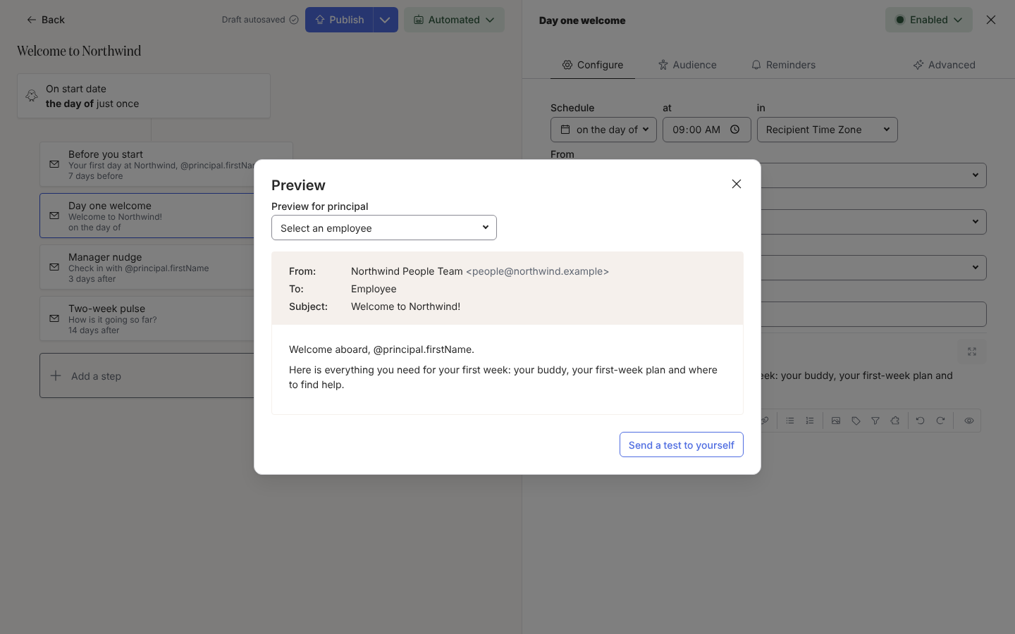 The Preview dialog for an email step with the Preview for principal picker at the top and Send a test to yourself at the foot.