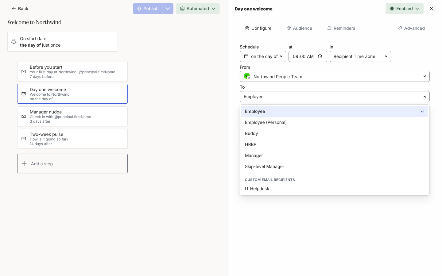 The To list open on an email step: Employee, Employee (Personal), Buddy, HRBP, Manager, Skip-level Manager, then Custom Email Recipients.