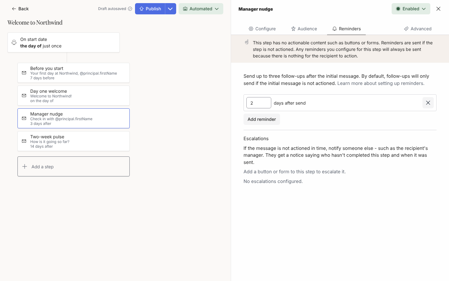 The Reminders tab with one reminder row reading 2 days after send, and the Escalations section beneath it.